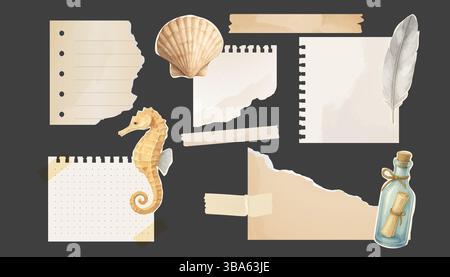 Collection of vintage marine elements including torn paper pieces, seashells, seahorse, feather and tape on dark background for decoration. Stock Vector