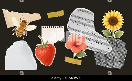 Artistic sticker pack with torn paper, sunflower, bee, music notes, hibiscus and strawberry illustrations for creative vintage design. Stock Vector