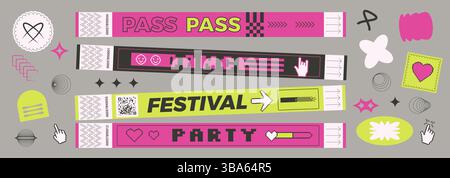 Geometric y2k stickers shapes and hand bracelet tickets set. Music festival, party, concert wristbands, patches in retro style. Paper show stamps and Stock Vector