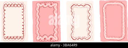 Wavy vintage frames pencil hand drawn set. Scallop groovy rectangle borders by crayon isolated on white background. Wobbly y2k decorative callouts ele Stock Vector