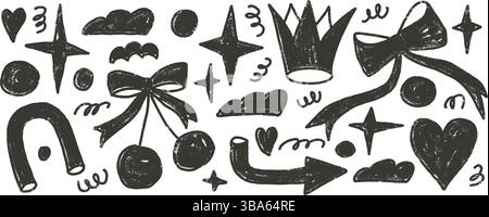 Charcoal drawn silhouette shapes set. Naive girly black doodle figures on white background. Crown, cherry, bow and geometric forms linocut elements. V Stock Vector