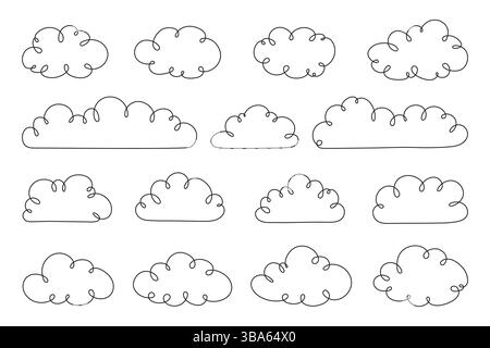 Hand Drawn doodle outline clouds set. Trendy clouds icon set in line art style. Cartoon simple line clouds symbol set Stock Vector