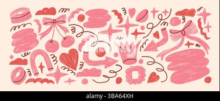 Crayon abstract shapes coquette set. Naive retro doodle figures on beige background. Crown, cherry, heart and geometric forms vintage sketch elements. Stock Vector