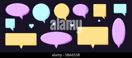 Pixel art speech bubbles. 8 bit colorful text boxes set. Rectangle and round chat frames with dither. Dialogue borders icons in retro 90s style. Digit Stock Vector