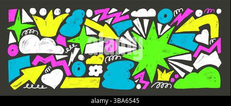 Playful geometric shapes neon crayon drawn set. Stars, crown, arrows and vector figures by highlight marker. Colorful playful stickers doodle on dark Stock Vector