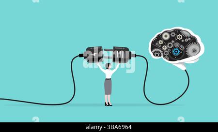 turn on AI technology brain, work with AI, Augmented intelligence, human intelligence enhance, AI human support concept Stock Vector