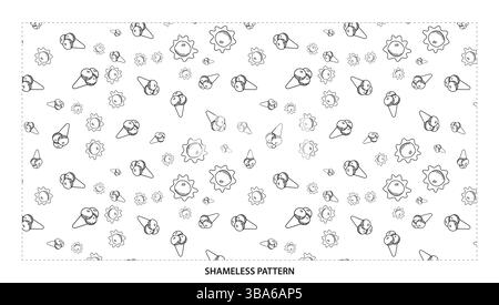 Simple Black Outline Summer Sun and Ice Cream Seamless Pattern Design Stock Vector