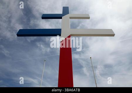 Cross of Lorraine at the Utah Beach D-Day Landing Memorial & Monument of the Landing of the French 2nd Armoured Division, Utah Beach, France. Stock Photo