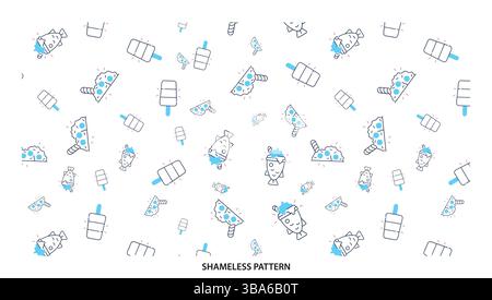 Cute Blue Outline Summer Food and Drink Seamless Pattern Design Stock Vector