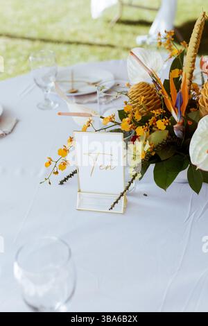 Modern Tropical Wedding Table Setting Stock Photo