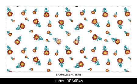 Cute Red Flower with Heart in Blue Pot Seamless Pattern for Cheerful Designs Stock Vector
