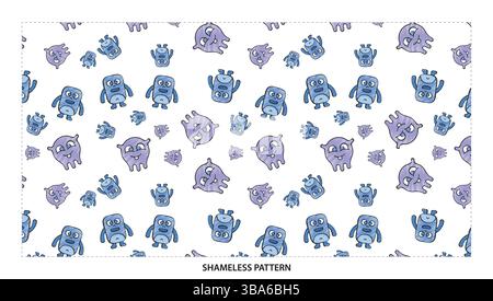 Cute Blue and Purple Monster Character Seamless Pattern for Kids Designs Stock Vector