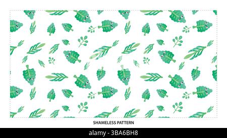 Cute Green Leaf Faces Seamless Pattern for Whimsical Nature Designs Stock Vector
