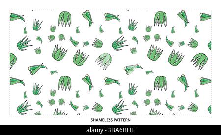 Cute Green Aloe Vera Plant Seamless Pattern for Natural Skincare Designs Stock Vector