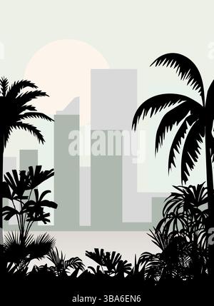 City skyline landscape with palm tree silhouettes  Stock Vector