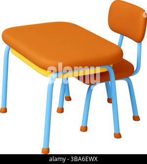 School desk and chair 3d object. Realistic isolated wooden furniture for class or lecture room interior. Place for students, pupils. Rendering vector Stock Vector