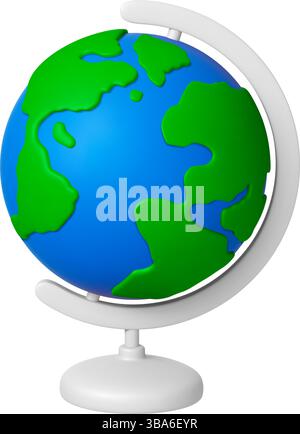 School globe 3d. Isolated world map, realistic geography lesson equipment. Earth planet model on stand, travel symbol, education rendering vector tool Stock Vector