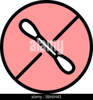 Earwax blockage, ear stick. Forbidden color sign. Concept of prohibition. Removing earwax, cleaning. Cleaning the auditory canal with a cotton swab. N Stock Vector