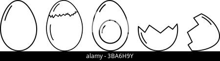 Whole boiled eggs and eggshell Outline Simple Minimalistic Icons Sticker Design elements idea Set. Isolated Vector concept Wrapping Wallpaper Thematic, recipe cards or web promo banner, leaflets, tags Stock Vector