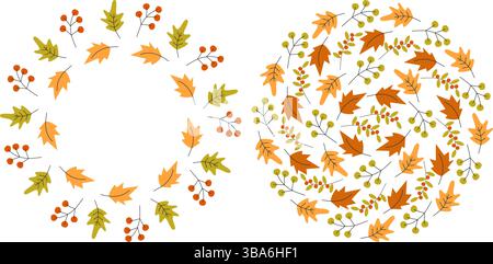Autumn Leaves and Berries Decorative Frame border and Cercle Backdrop seasonal Copy space Template. Set Isolated Vector illustration Thematic cards, posting, blog or web promo banner, leaflets, price Stock Vector