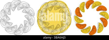 Outline Freehand Citrus Slices Create Circular Frame border Copy space Template Set Three design idea. Isolated Vector illustration Seasonal Menu Cards, price tag, labels or promo banner, leaflet, tag Stock Vector