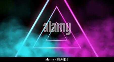 Triangular LED tunnel in perspective with pink and blue smoke. Neon frame. 3D vector Stock Vector