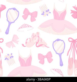 Ballet seamless pattern. Pink pointe shoes with ribbon, dress, bow, princess crown and hair pin. Fabric, wrapping print template, racy vector Stock Vector