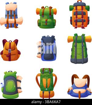 Cartoon camping backpacks. Outdoor hiking travellers bags, touristic rucksacks or knapsack with mat rolls. Nature adventures accessories, nowaday Stock Vector