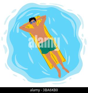 Man floating on inflatable mattress in water Stock Vector