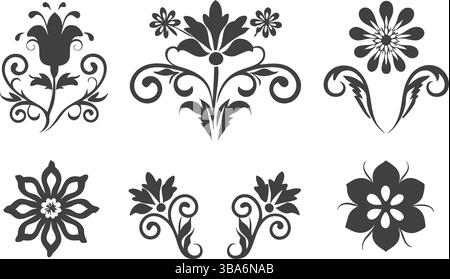 A set of six intricately designed floral vector silhouettes showcasing symmetrical and ornamental patterns in black and white, perfect for decorative Stock Vector