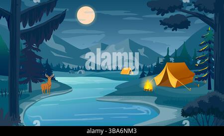 Night camping in forest near river. Glowing campfire and tent, wild deer under full moon. Peaceful wilderness travel theme. Vector flat illustration Stock Vector