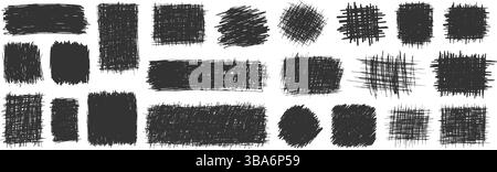 A collection of bold, sketchy, hand-drawn silhouette shapes with textured strokes, featuring abstract rectangles, circles, squares Stock Vector