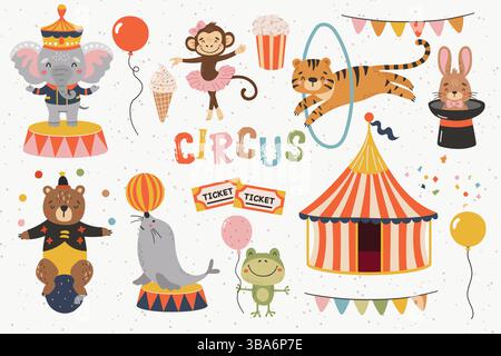 Circus animals clipart, Circus set collection vector, Cute animals ...