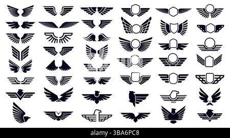 Heraldic wings and eagles emblems in variety of styles symbolizing flight, honor and strength. Shields, birds and abstract forms suitable for logos Stock Vector
