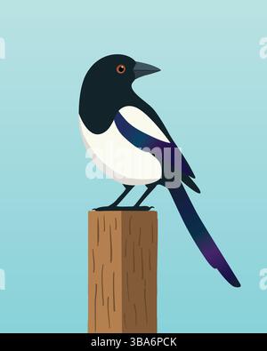 A stylized magpie with black, white, and iridescent feathers perches on a wooden post against a light blue background. Stock Vector