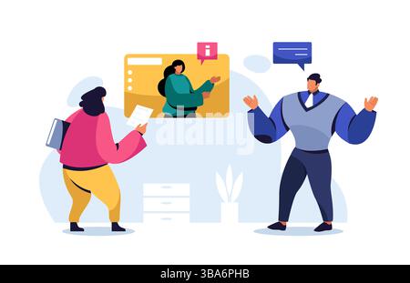 Business team collaborating on project using video conference, discussing strategy and sharing documents. Working together remotely in modern office Stock Vector
