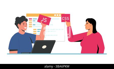 Man and woman learning web development, holding JavaScript and CSS cards with code on screen. Programming education, frontend teamwork digital Stock Vector