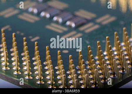 Close-up image showcasing detailed components on a microchip, illustrating intricate electronic design principles and surface-level microengineering i Stock Photo