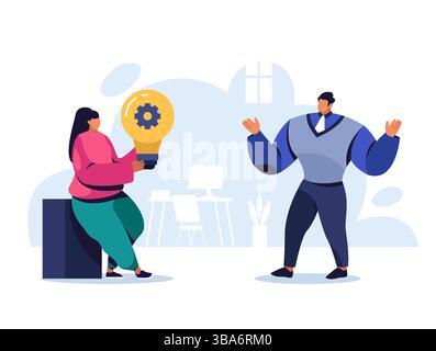 Woman presenting big lightbulb with gear to man symbolizing innovation, teamwork and strategic planning. Visual metaphors for corporate concepts Stock Vector