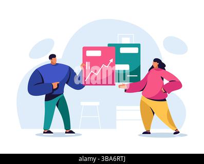 Man and woman discussing upward graph chart, presenting data reports and business growth progress in workspace. Two business colleagues discussing Stock Vector