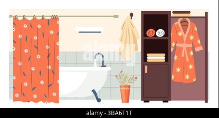 Bathroom with floral robe, towels and bathtub, shower curtain, cabinet, and potted plant. Personal care and bath comfort theme. Flat cartoon style Stock Vector