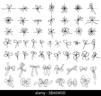 Hand drawn ribbons and bows in various styles. Bow and ribbon in thin line style. For decorative tying styles, holiday wrapping or textile design Stock Vector