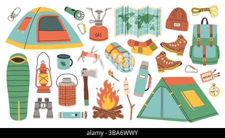 Camping and hiking simple set. Hand drawn elements outfit, tent, campfire, map. Perfect for scrapbooking, craft projects, posters, tags, sticker kit. Stock Vector