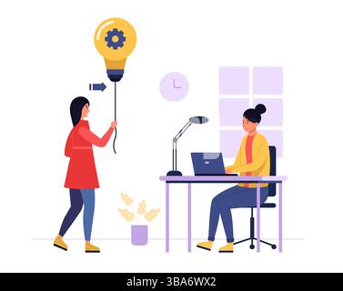 Two female colleagues collaborating in office. Woman holds light bulb with gear symbolizing innovative ideas. Creative teamwork, solution sharing Stock Vector