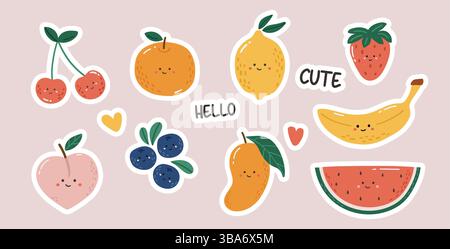 Doodle fruits set Illustration, kawaii fruits, Clipart set, fruits, summer clipart, stickers Stock Vector