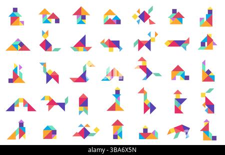 Colorful tangram puzzle shape collection of animals, houses, objects. Educational toy concept, logical brain game. Preschool, learning aid, app icon Stock Vector