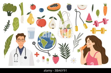 World Health Day Illustration, April 7th items, Clipart set, earth, fruits, vegetables, sport, big set Stock Vector