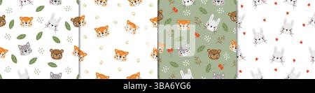Wild animals pattern, cute wild animals, kids pattern, forest vector, cartoon, seamless patterns set Stock Vector