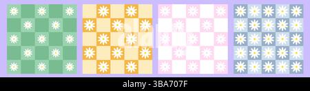 Checkered background retro style with cute daisy or chamomile flowers Stock Vector