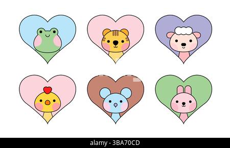 Cute animal icon set. Pet in heart Stock Vector